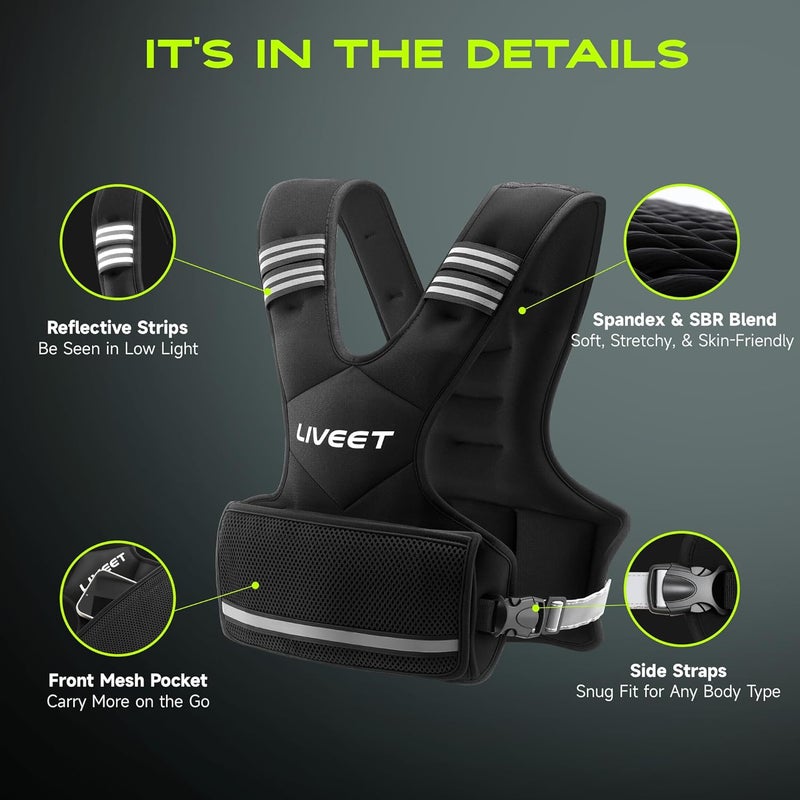 Liveet Adjustable Weighted Vest for Women Men, 4-10lb 11-20lb 20-32lb Weight Vest with 6 Ironsand Bags, Running Vest with Reflective Strips Adjustable Buckle Straps for Walking Strength Training - Image 4